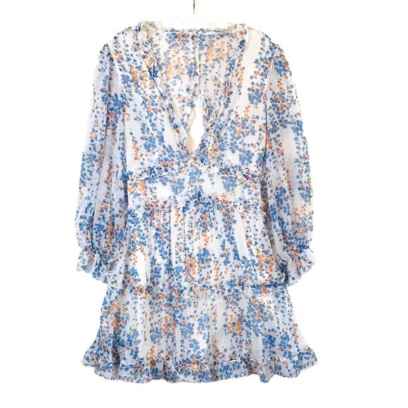 Blue and White Semi Sheer Floral Print Dress - Picture 15 of 15